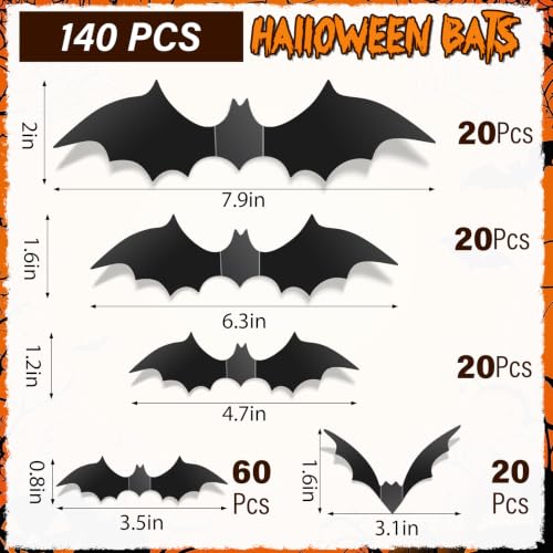140Pcs 3D Halloween Bat Wall Decals - Realistic PVC Bat Stickers for Party