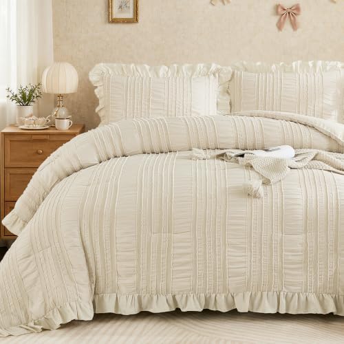 Boho Beige Seersucker Queen Comforter Set with Ruffles