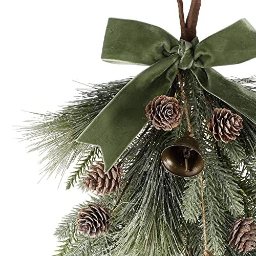 18-Inch Winter Front Door Swag with Bells, Pinecones, and Velvet Ribbon