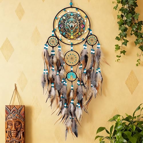 Large Handmade Wolf Dream Catcher for Wall Decor and Bedroom Hanging