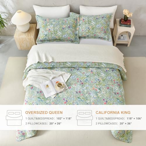 Sanracie Oversized Queen Quilt Bedspread Set - 100% Cotton Botanical Print 3Pcs