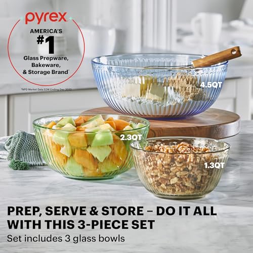 Sculpted Tinted Glass Mixing Bowls with Lids - 3-Piece Nesting Set