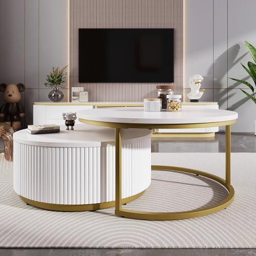 Modern Round Nesting Coffee Table Set with Storage Drawer, White and Gold