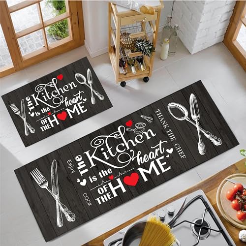2-Piece Farmhouse Kitchen Rug Set, Black and White Rustic Floor Mats