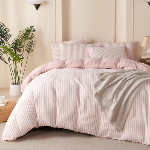 Queen Duvet Cover Set - Striped Pink Microfiber, 3 Pieces