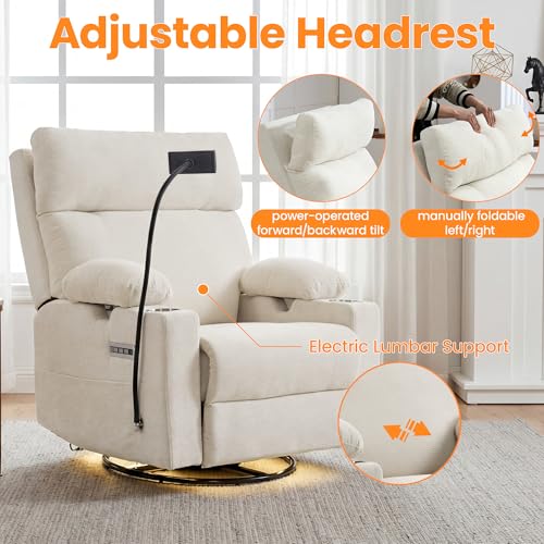 Electric Nursery Glider Recliner with Lumbar Support, Swivel and Rocking