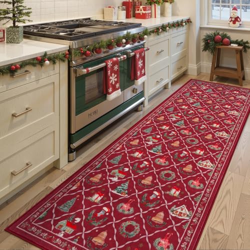 LIVEBOX Red Christmas Runner Rug 2.5 x 8 Ft Non-Slip Holiday Carpet for Hallway & Kitchen