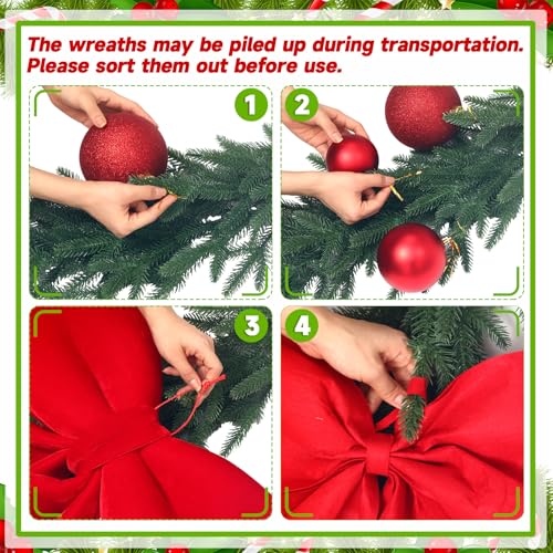 Christmas Outdoor Garland with Jumbo Velvet Bow, 24 Inch Festive Decor