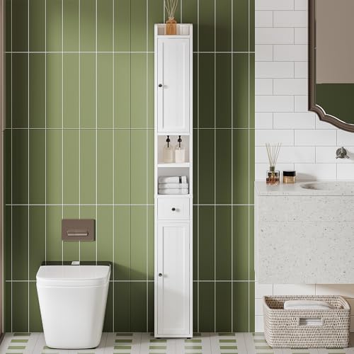 Tall Narrow Bathroom Storage Cabinet with Drawer and Adjustable Shelves