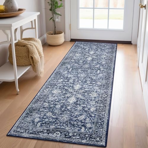 2x6 Floral Washable Runner Rug, Non-Slip Navy Blue Kitchen Hallway Carpet