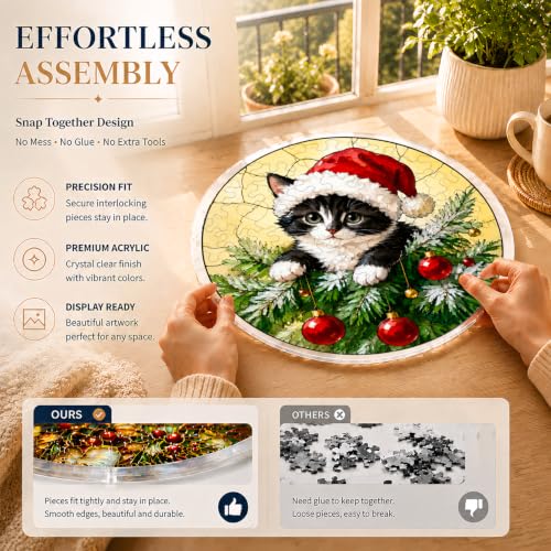 Santa Hat Cat Acrylic Christmas Puzzle Suncatcher Window Hanging Decor - HMGAWB
