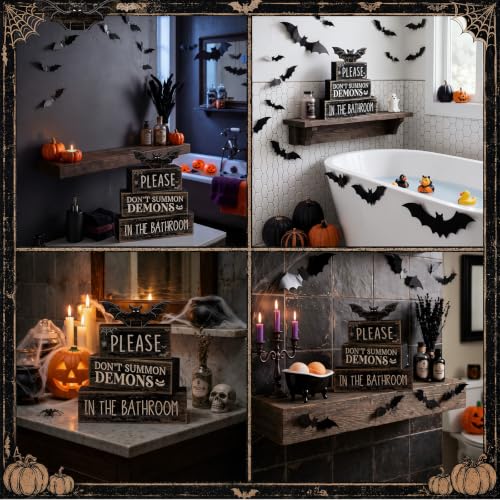 Moucuny Gothic Bat & Demon Halloween Bathroom Decor Set - Wooden Book Display