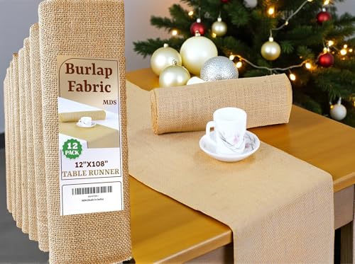 Natural Burlap Table Runners 12 x 108 Inches Pack of 12 - Rustic Farmhouse Decor