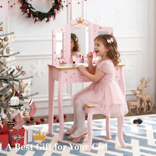 Kids Princess Vanity Table and Chair Set with Tri-Fold Mirror and Drawer