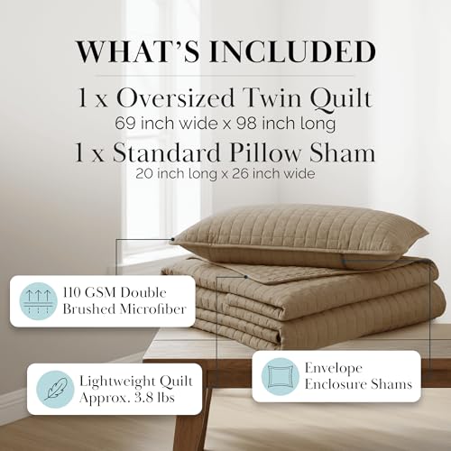 Twin Quilt Bedding Set - Soft Microfiber Taupe Coverlet with Pillow Sham