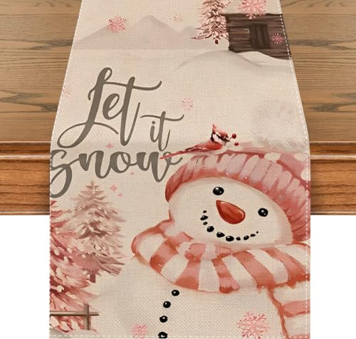 CHAIYA 13x72 Inch Xmas Tree Runner Let It Snow Pink Snowman Holiday Table Runner