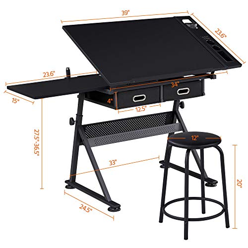Adjustable Drafting Table and Stool Set with Tilt-Top and Storage Drawers