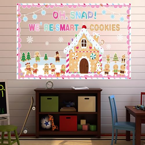 Christmas Bulletin Board Decorations Set with Borders - Gingerbread Men & House Cutouts for Classroom Holiday Decor
