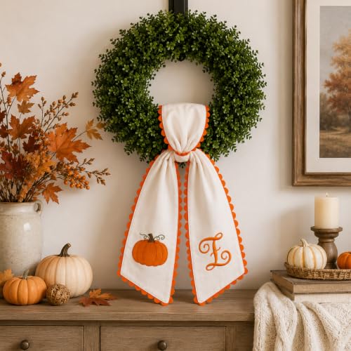 Halloween Pumpkin Wreath Sash - Fall Front Door Decor with Embroidered Trim
