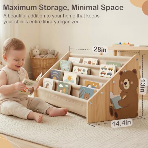 4-Tier Montessori Toddler Bookshelf - Solid Wood Nursery Book Organizer
