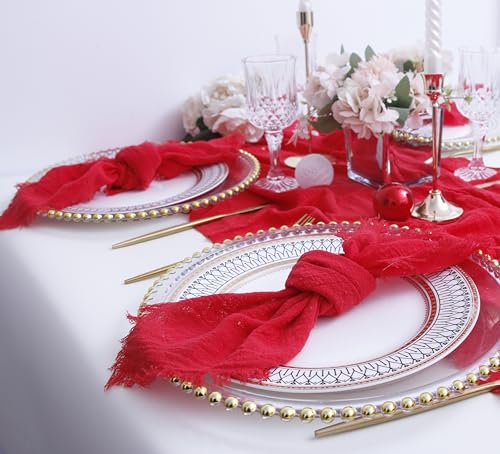 JINVASE Red Cotton Gauze Cloth Napkins with Fringe Set of 12, 16x16 inches