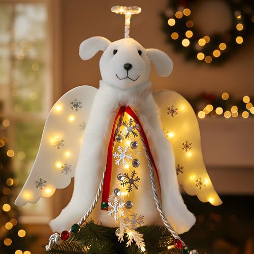 Dog Angel Christmas Tree Topper with LED Lighted Halo & Wings Decor