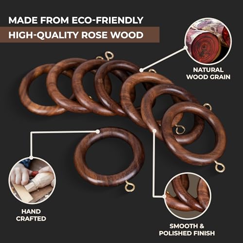 Handcrafted Rose Wood Curtain Rings with Metal Hooks - 1.75 Inch, 48 Pack