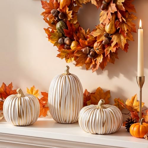 3-Piece Resin Pumpkin Decor Set, White and Gold Fall Table Centerpiece