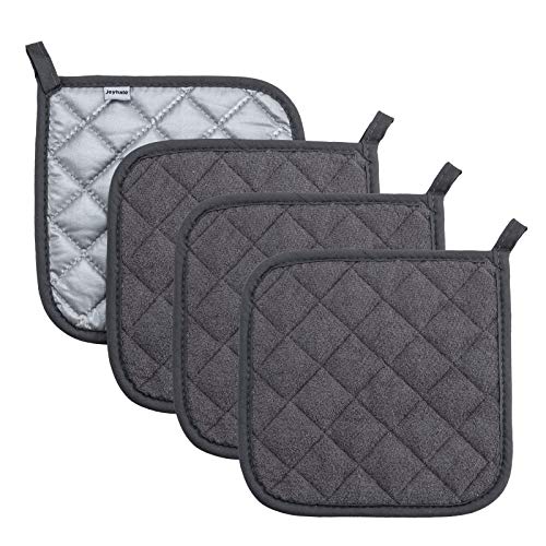 Heat Resistant Pot Holders Set of 4 - Grey Quilted Hot Pads for Kitchen