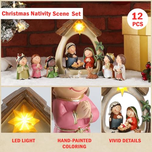 12-Piece Lighted Nativity Set - Small Resin Christmas Tabletop Scene