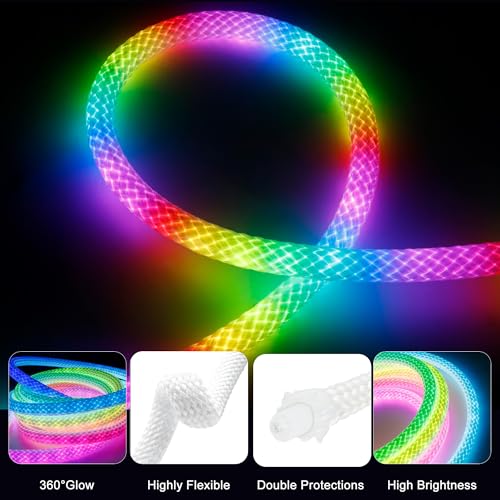 10ft USB LED Rope Lights, 360° RGB Music Sync Neon Lighting for Gaming Rooms
