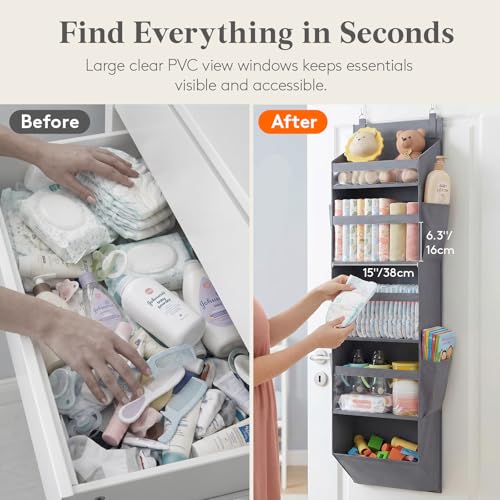 Lifewit Over the Door Organizer, 5-Section Hanging Storage with Clear Windows & Side Pockets, Dark Gray