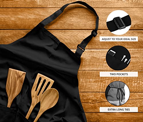 Adjustable Bib Apron 2-Pack - Water & Oil Resistant Chef Apron with Pockets