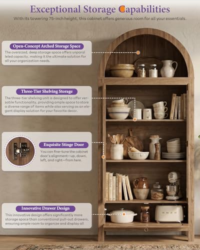71-Inch Arched Pantry Cabinet with Glass Door and Storage Drawer