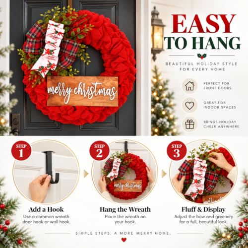 16-Inch Rustic Christmas Wreath for Front Door with Burlap & Wooden Sign