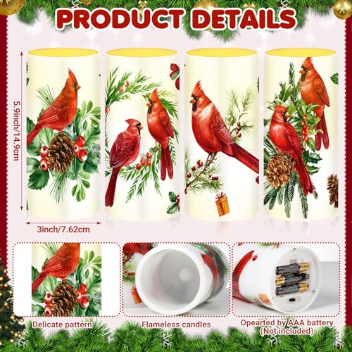 Christmas 4-Piece Flameless Red Bird Candles Set with Cardinal Design - Holiday Decor