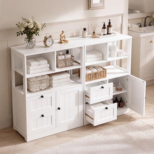 Small Freestanding Bathroom Storage Cabinet with Drawers and Adjustable Shelves