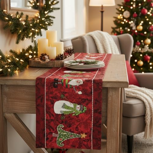 Tache Here Comes Santa Claus 13 x 90” Vintage Christmas Table Runner - Red Tapestry