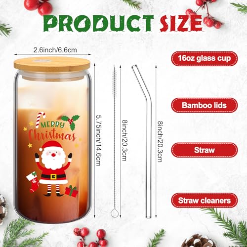 Skylety 12-Pack 16oz Christmas Glasses with Bamboo Lids, Straws & Brushes