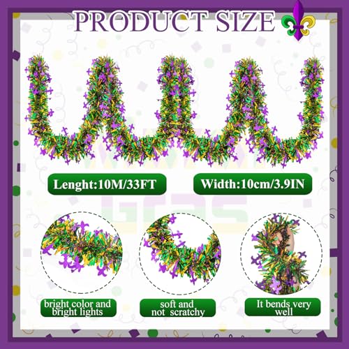Mardi Gras Tinsel Garland - 33ft Metallic Purple, Green & Gold Decor