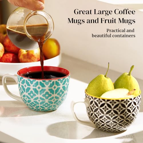 DOWAN 24 OZ Vibrant Color Boho Mosaic Soup Mugs Set of 4 with Handle