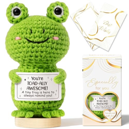 Handmade Emotional Support Crochet Frog Gift with Wooden Base