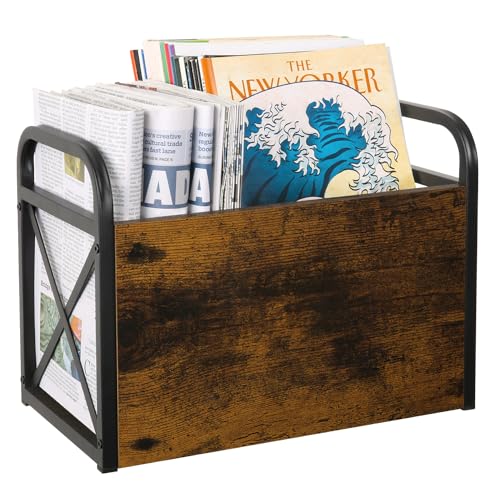 Rustic Metal and Wood Magazine Holder Floor Rack for Books and Newspapers