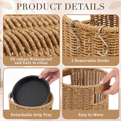 21-Inch Tall Rattan Umbrella Stand with Drip Tray and Hooks