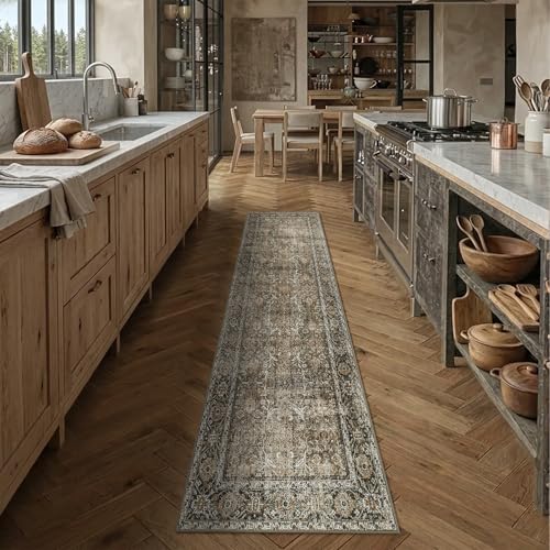 Vintage Distressed Brown Runner Rug 3x7, Washable Non-Slip Hallway Carpet