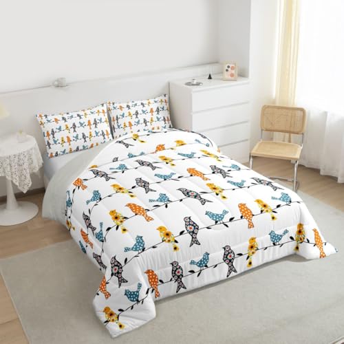 Erosebridal Twin Comforter Set for Kids & Adults - Colorful Floral Birds, Quilted Duvet, 2-Piece