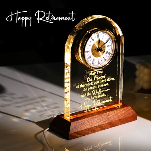 Engraved Crystal Retirement Clock with LED Wooden Light Base Gift