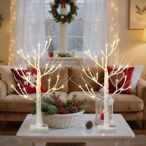 2-Pack 2 FT Lighted Birch Trees with LED Lights for Tabletop Decor