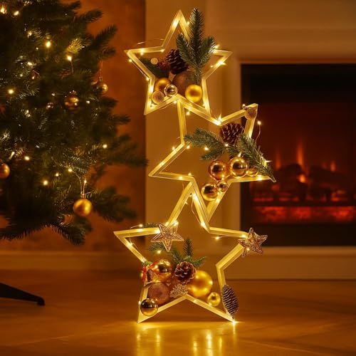 3 Pack Wooden Star Christmas Decor with LED Lights - Rustic Farmhouse Style