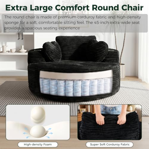 56-Inch Oversized Round Chaise Lounge Chair with Cup Holders & Side Pockets